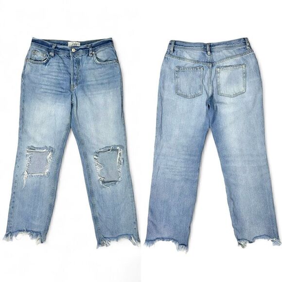 Free People Maggie Straight Leg Mid Rise Distressed Denim Jeans Size 26 Waist - Picture 2 of 15